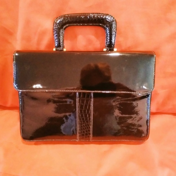 Black Faux Patent Leather Top Handle Vintage Briefcase Style Bag - Picture 10 of 11